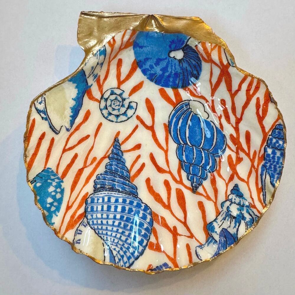 Blue and Orange Coral Seashell Trinket Dish Coastal Decor - Picture 2 of 5